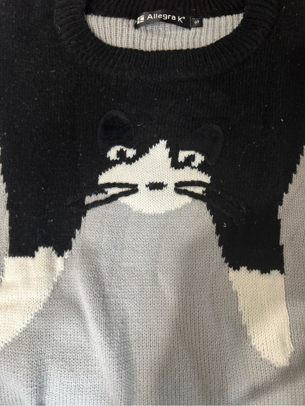 Allegra K Black & Gray Hug You Kitty  Cat Knit Sweater - Pre-loved/EUC - Size S